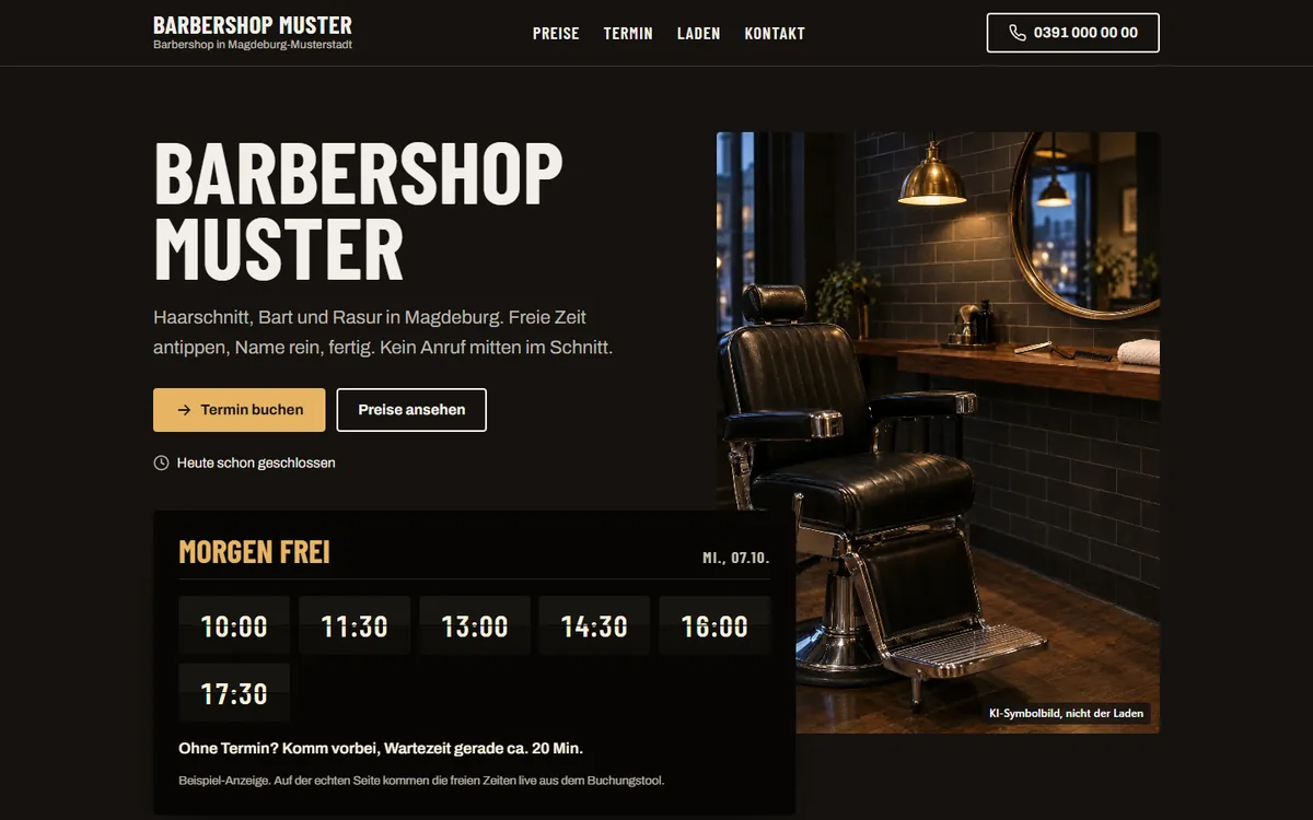 Muster-Demo Barbershop am Laptop: Startseite mit den freien Zeiten für morgen
