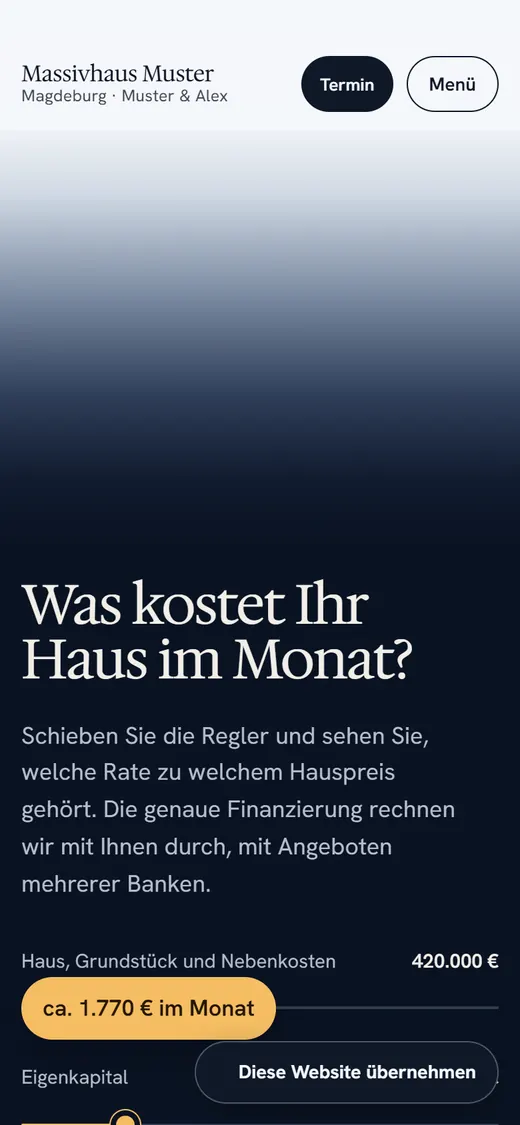 Demo Bauträger am Handy: Rechner, was das Haus im Monat kostet