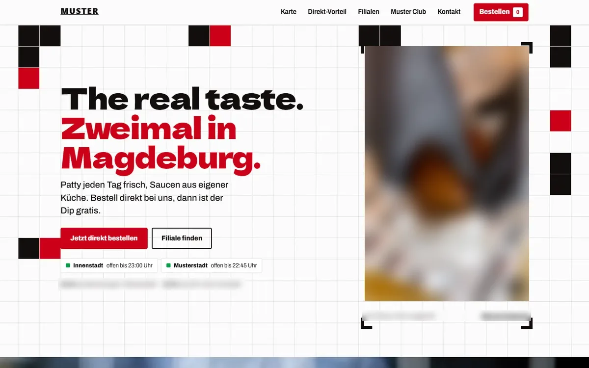 Demo Burger-Restaurant am Laptop: Startseite mit Knopf Jetzt direkt bestellen