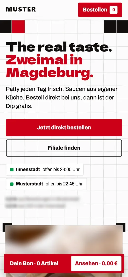 Demo Burger-Restaurant am Handy: Bestellen, Filialen und Warenkorb