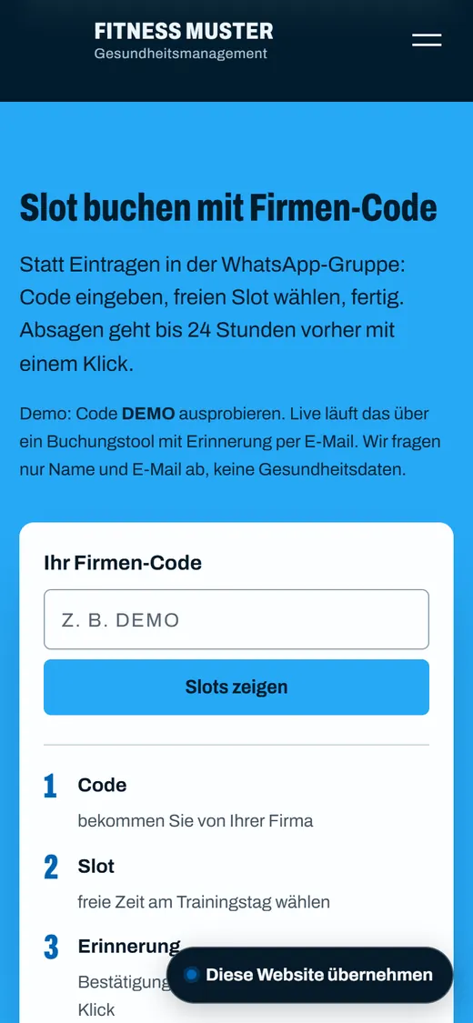Entwurf mobiles Fitness-Training am Handy: Slot buchen mit Firmen-Code
