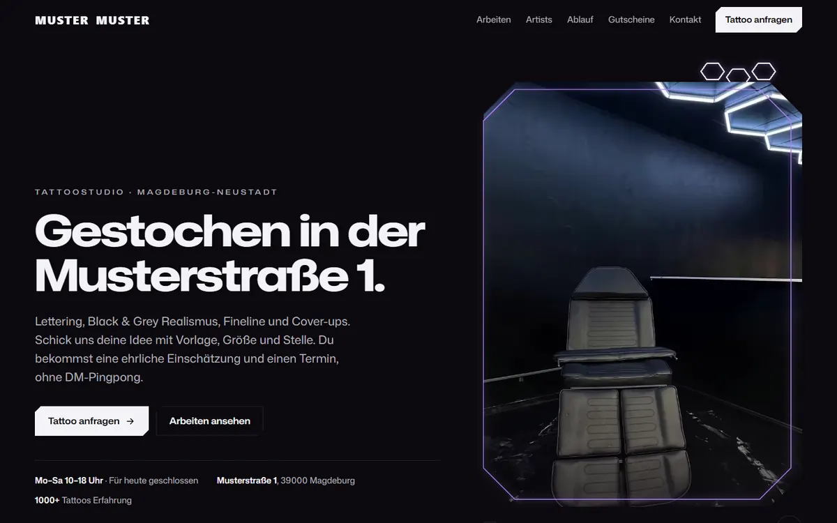 Demo Tattoo-Studio am Laptop: Startseite mit Studio-Foto und Knopf Tattoo anfragen