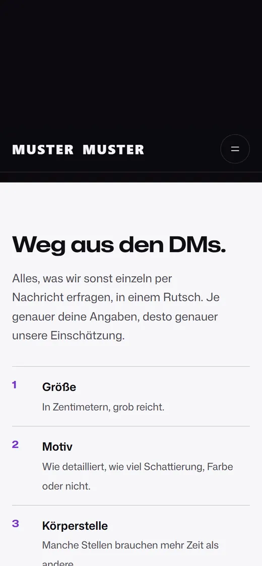 Demo Tattoo-Studio am Handy: geführte Anfrage mit Größe, Motiv und Körperstelle