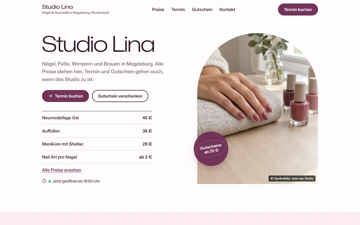 Muster-Entwurf Kosmetikstudio am Laptop: Startseite mit Preisen und Termin buchen