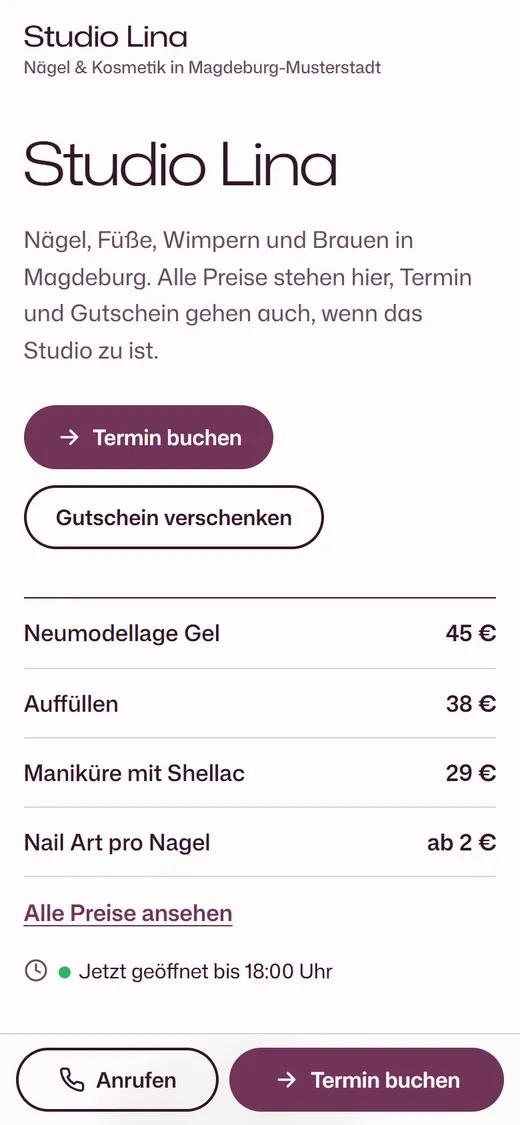 Demo eines Kosmetikstudios, Bildschirm