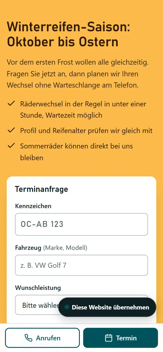 Demo Autowerkstatt am Handy: Terminanfrage für den Reifenwechsel