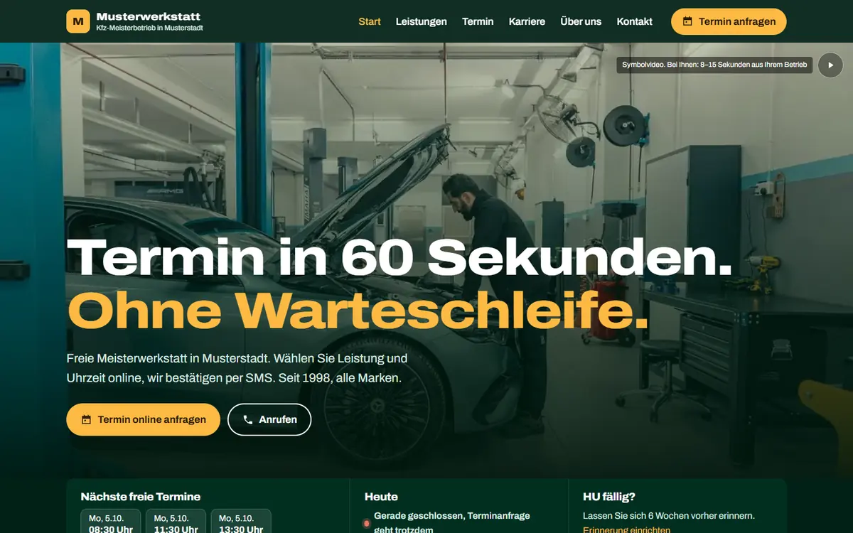 Beispiel-Werkstatt im Paket Premium am Laptop: Video im Hintergrund, Knopf Termin online anfragen, nächste freie Termine