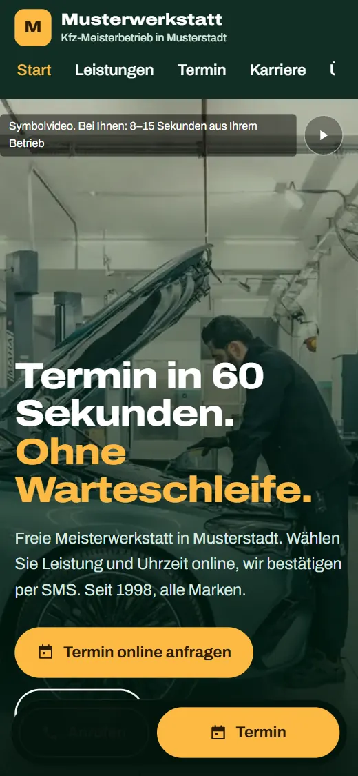 Beispiel-Werkstatt im Paket Premium am Handy: Video, Termin online anfragen und fester Termin-Knopf