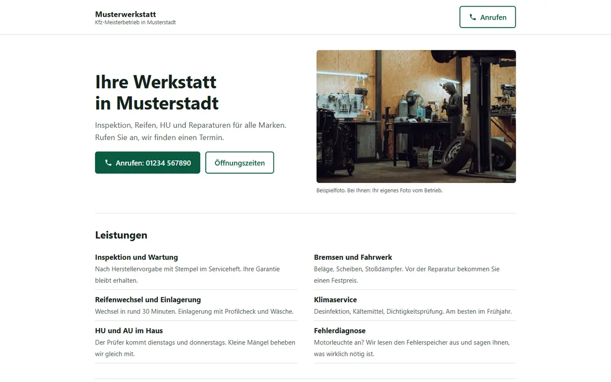 Beispiel-Werkstatt im Paket Start am Laptop: eine Seite mit Foto, Anrufen-Knopf und Leistungsliste