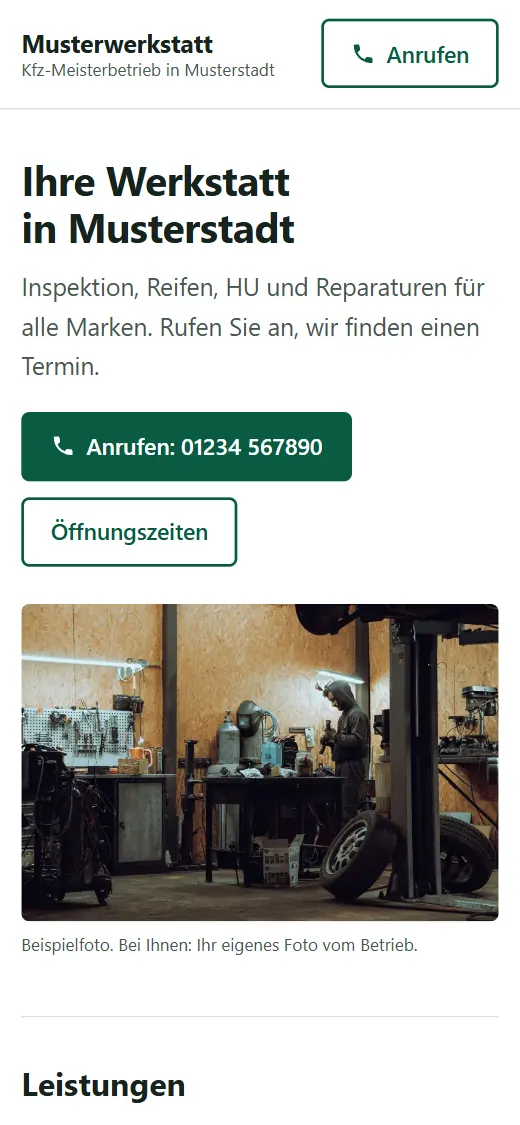 Beispiel-Werkstatt im Paket Start am Handy: Überschrift, Anrufen-Knopf, Öffnungszeiten